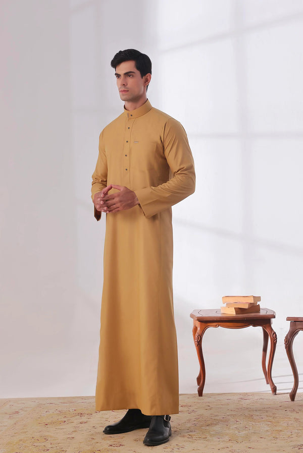 Camel Fawn Saudi Collar Thobe - Round Collar with hems